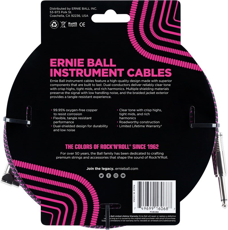 Ernie Ball Braided 25ft Guitar Lead / Cable, Black / Purple, Straight/Angle