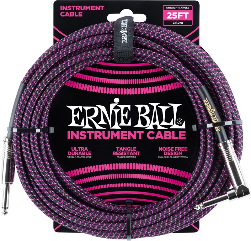 Ernie Ball Braided 25ft Guitar Lead / Cable, Black / Purple, Straight/Angle