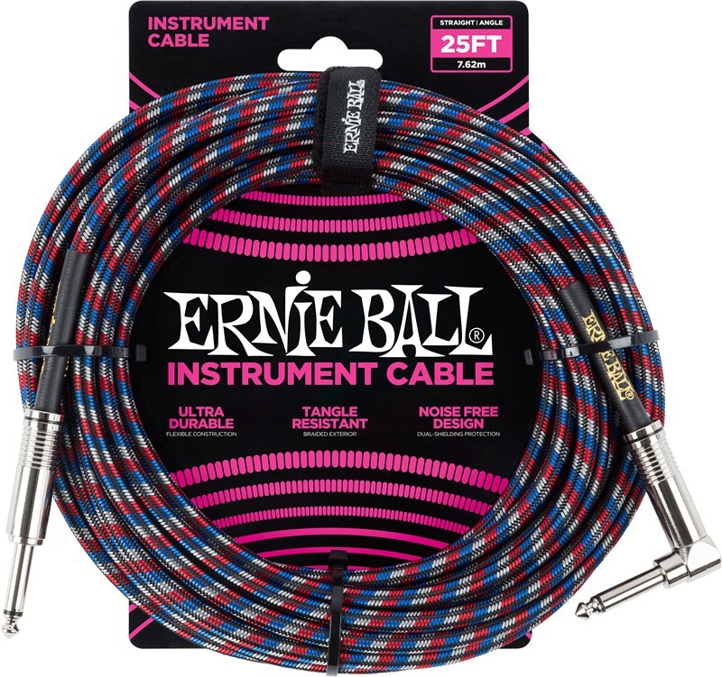 Ernie Ball Braided 25ft Guitar Lead / Cable, Black/Red/White, Straight/Angle