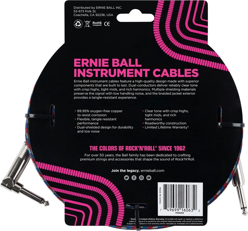 Ernie Ball Braided 25ft Guitar Lead / Cable, Black/Red/White, Straight/Angle