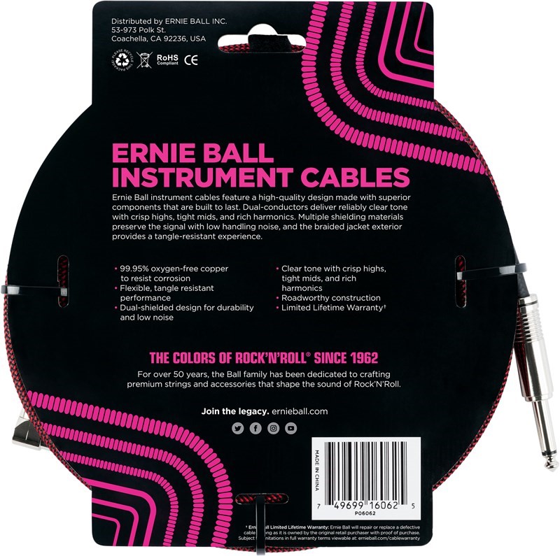 Ernie Ball Braided 25ft Guitar Lead / Cable, Red, Straight/Angle