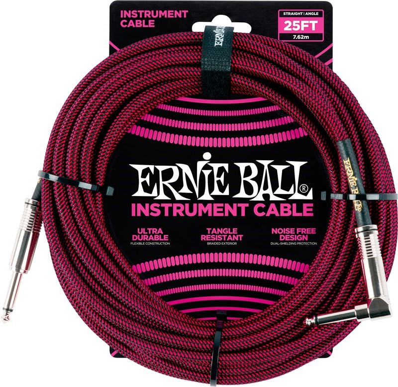 Ernie Ball Braided 25ft Guitar Lead / Cable, Red, Straight/Angle