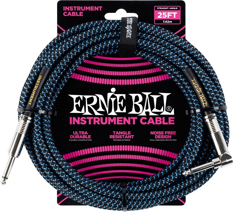 Ernie Ball Braided 25ft Guitar Lead / Cable, Black / Blue, Straight/Angle
