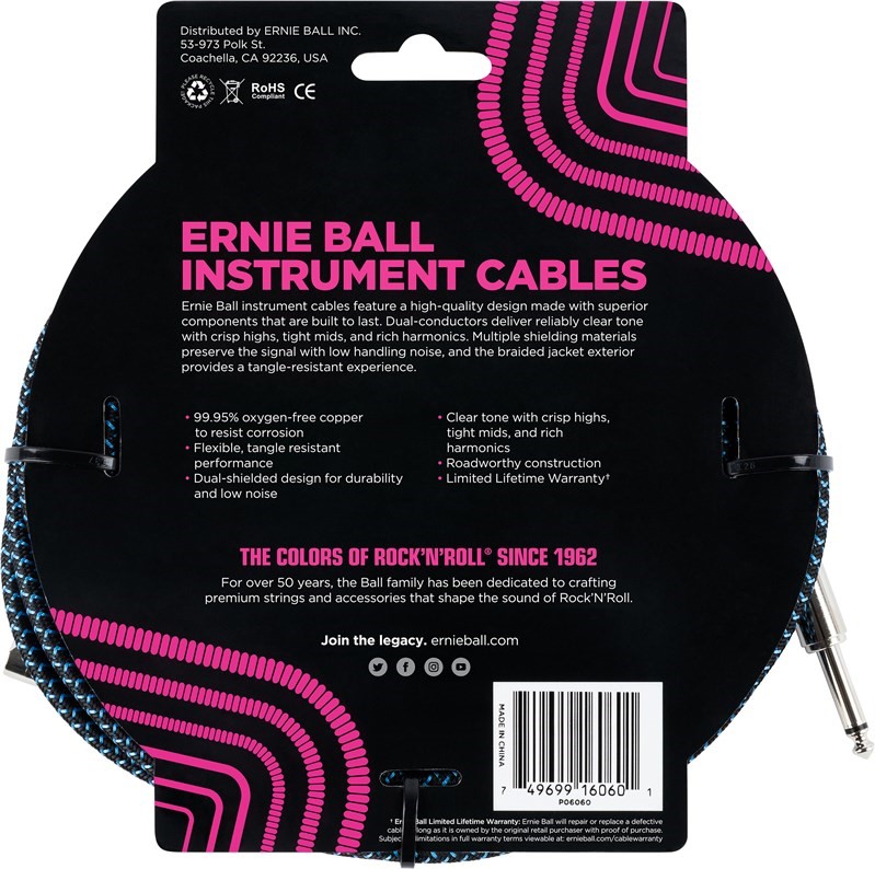 Ernie Ball Braided 25ft Guitar Lead / Cable, Black / Blue, Straight/Angle