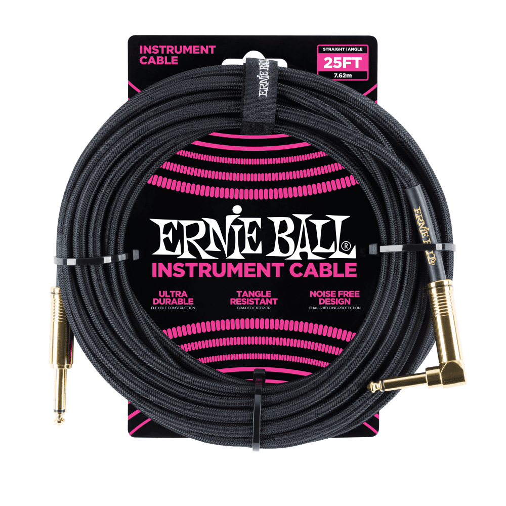 Ernie Ball Braided 25ft Guitar Lead / Cable, Black, Straight/Angle Gold Ends