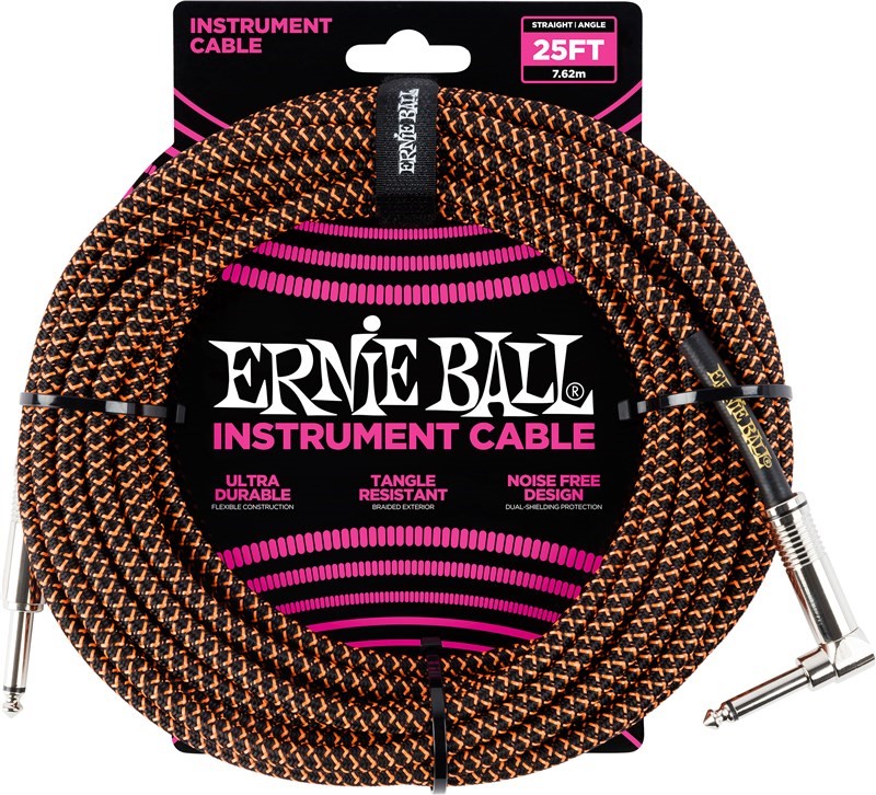 Ernie Ball Braided 25ft Guitar Lead / Cable, Black/Orange, Straight/Angle