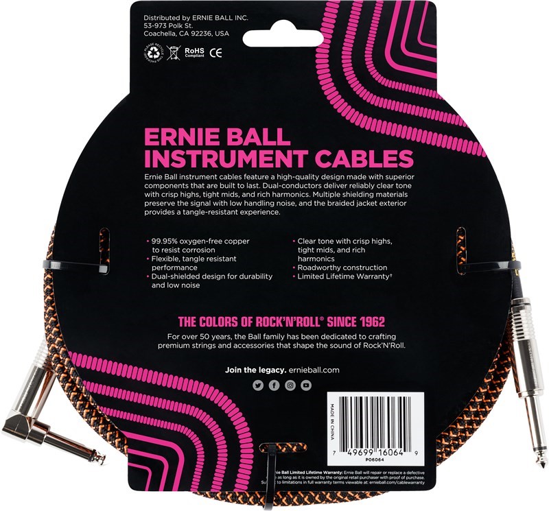 Ernie Ball Braided 25ft Guitar Lead / Cable, Black/Orange, Straight/Angle