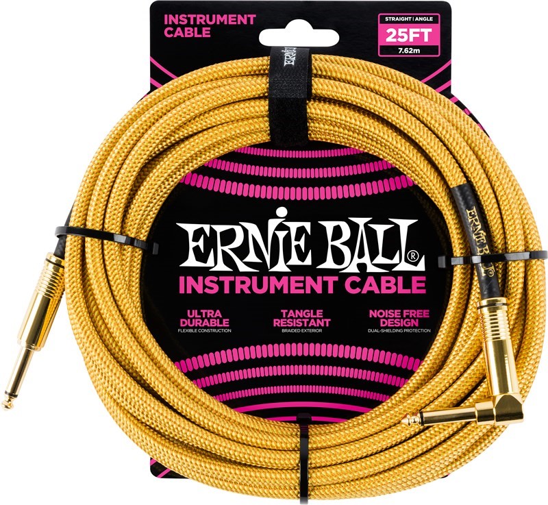 Ernie Ball Braided 25ft Guitar Lead / Cable, Gold, Straight/Angle Gold Ends