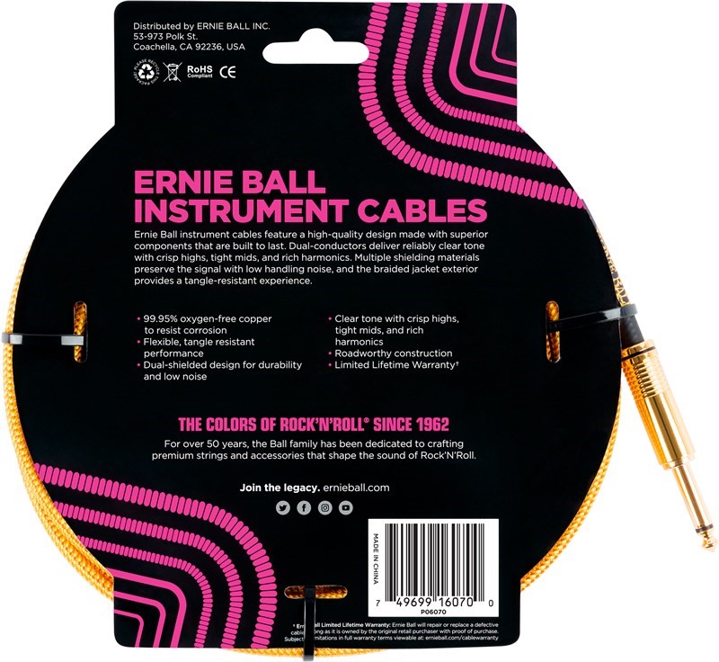 Ernie Ball Braided 25ft Guitar Lead / Cable, Gold, Straight/Angle Gold Ends