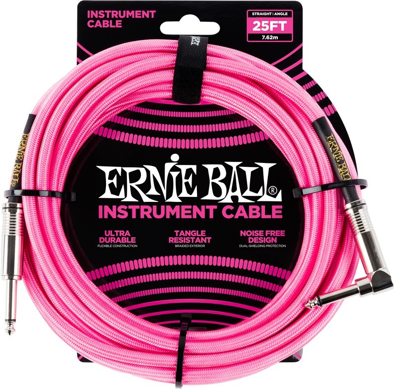Ernie Ball Braided 25ft Guitar Lead / Cable, Neon Pink, Straight/Angle