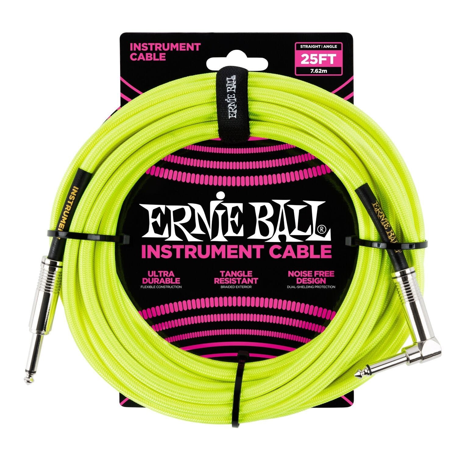 Ernie Ball Braided 25ft Guitar Lead / Cable, Neon Yellow, Straight/Angle
