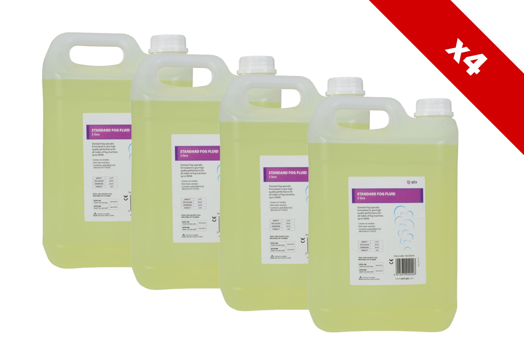 QTX Smoke Machine Fog Fluid - Pack of 4 Fluids, 5 Litre Each