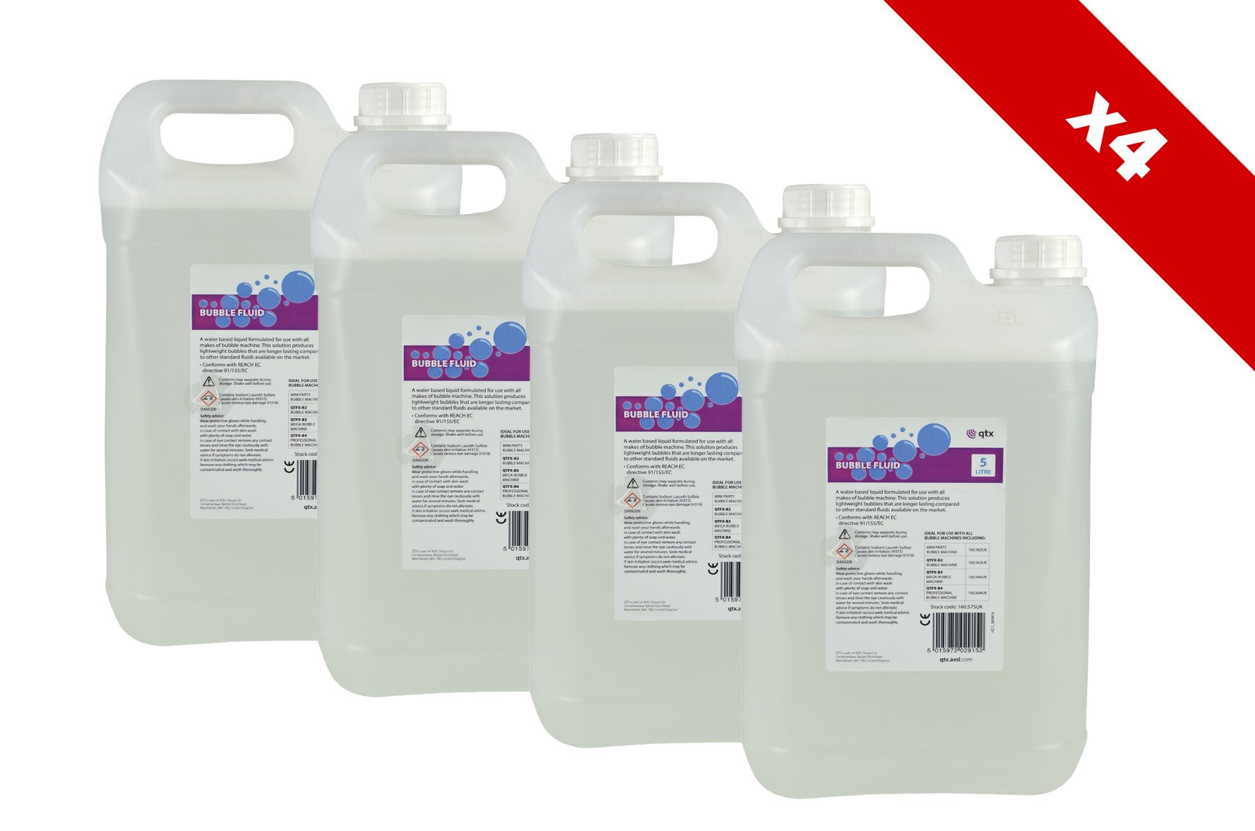 QTX Smoke Machine Bubble Fluid - Pack of 4 Fluids, 5 Litre Each