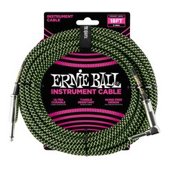 Ernie Ball Braided 18ft Guitar Lead / Cable, Black/Green, Straight/Angled