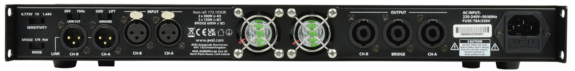 Citronic D-Series Class-D Power Amplifier, 2 X 150W, 1U High, Lightweight, 172.103