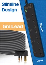 Eagle 4 Way Extension Lead with Neon and Anti Surge 13A, Black, 5 Metre