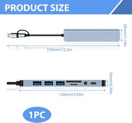 8 in 1 USB C Hub Multiport Dongle with 4 USB, 3.5mm Headphone Jack, SD Card, Grey