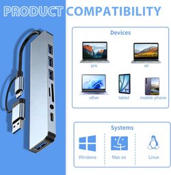 8 in 1 USB C Hub Multiport Dongle with 4 USB, 3.5mm Headphone Jack, SD Card, Grey