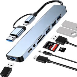 8 in 1 USB C Hub Multiport Dongle with 4 USB, 3.5mm Headphone Jack, SD Card, Grey